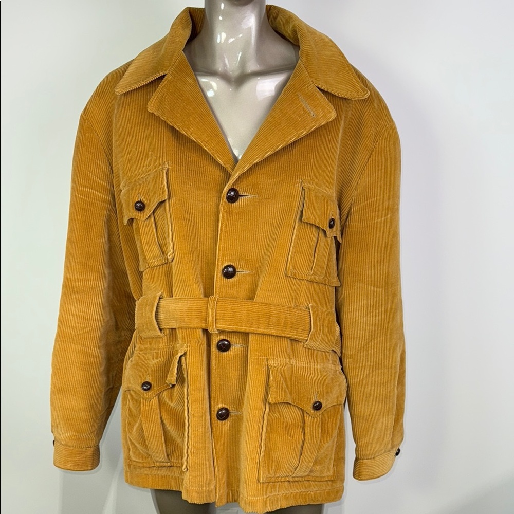 Vintage H.I.S Sportswear Corduroy Hunting Jacket Beige Sz 44R Belted Fleece Line